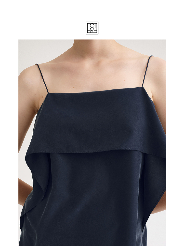 TOTEME女装 25年新款海军蓝色桑蚕丝褶饰长款吊带连衣裙